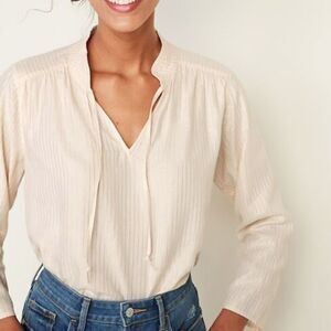 Old Navy Women’s Peasant Poets Metallic-Stripe Split-Neck Blouse Cream & Gold XS